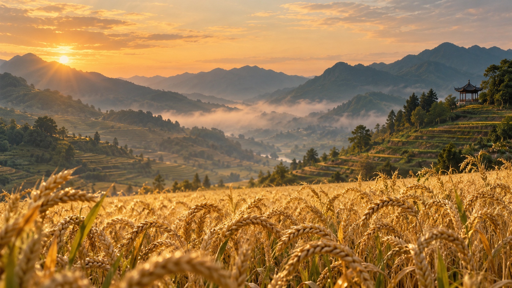 Photorealistic Chinese wheat fields in warm light beneath distant mountains