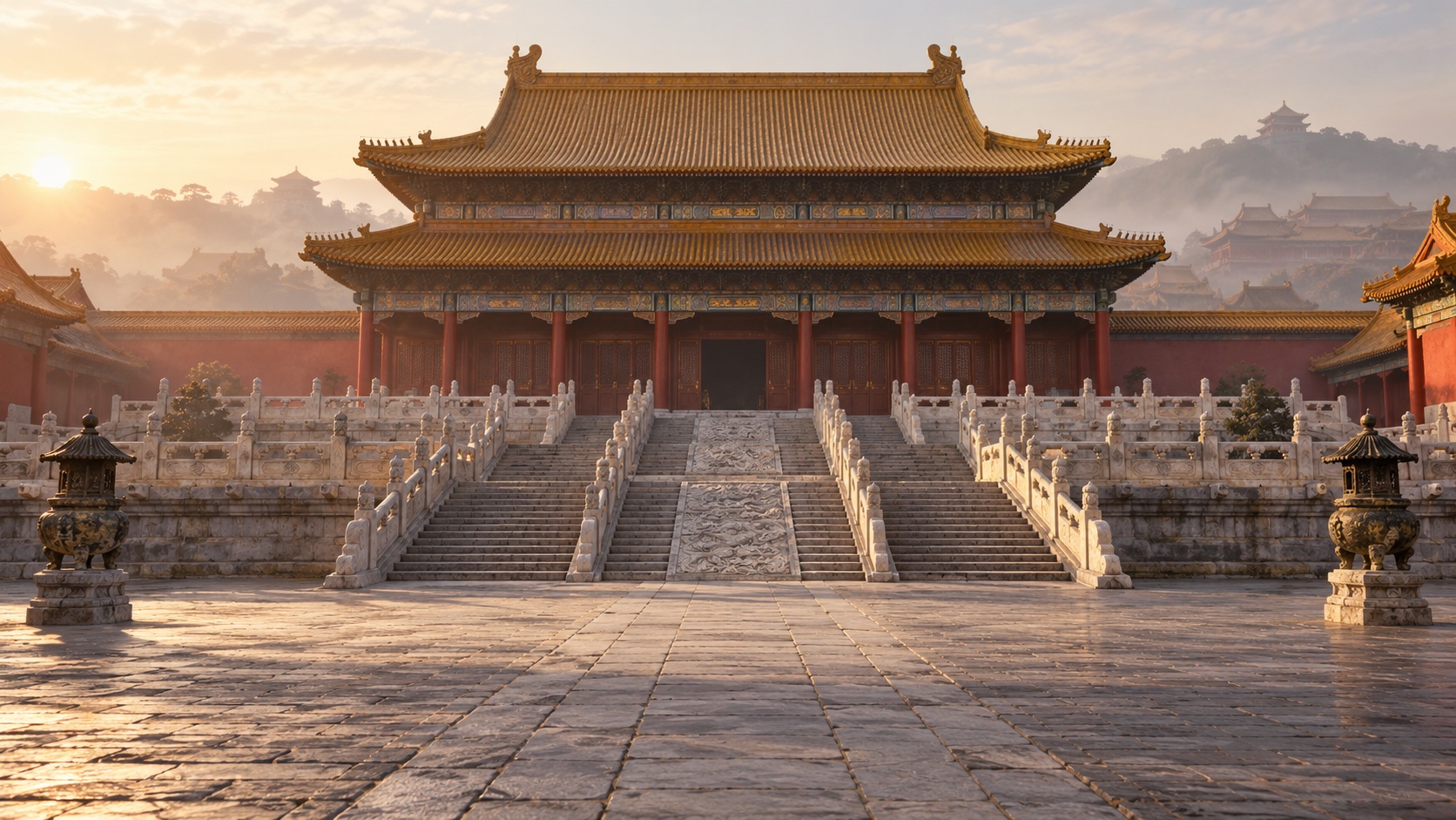 Photorealistic crimson Chinese palace above carved stone steps and terraces