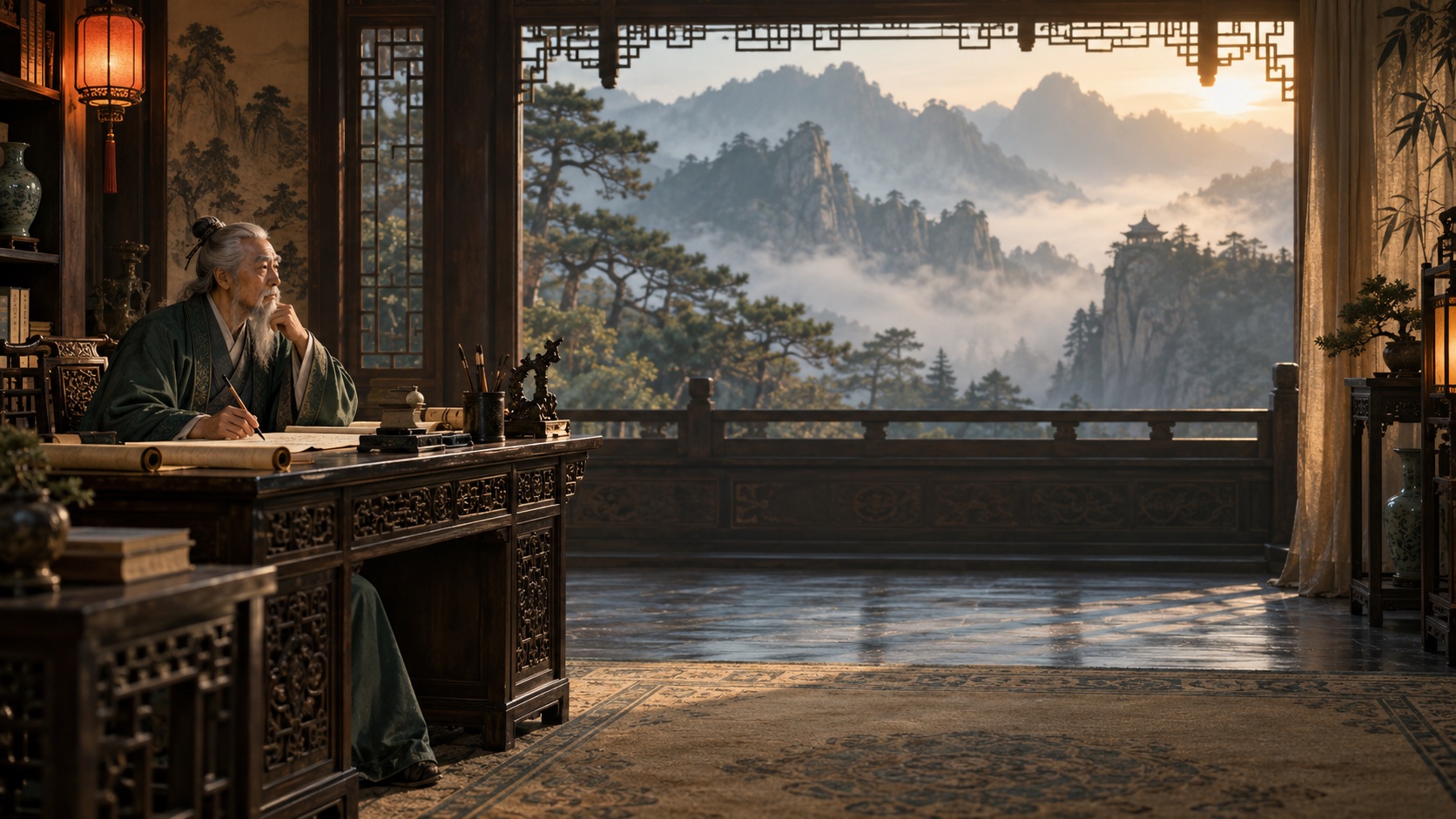 Photorealistic classical Chinese scholar’s study overlooking misty mountains